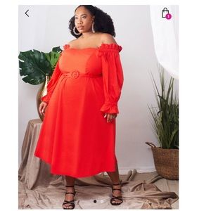Eloquii Off the Shoulder Puff Sleeve Dress with Belt